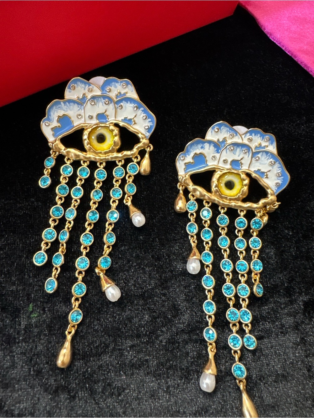 Schiaparelli inspired Eyelash Dangle Earrings - Gold Tone with blue crystals